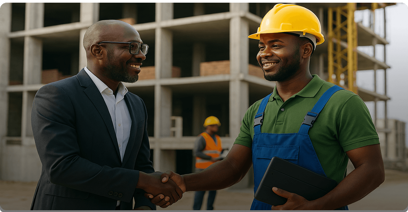 Two men shaking hands at a construction site