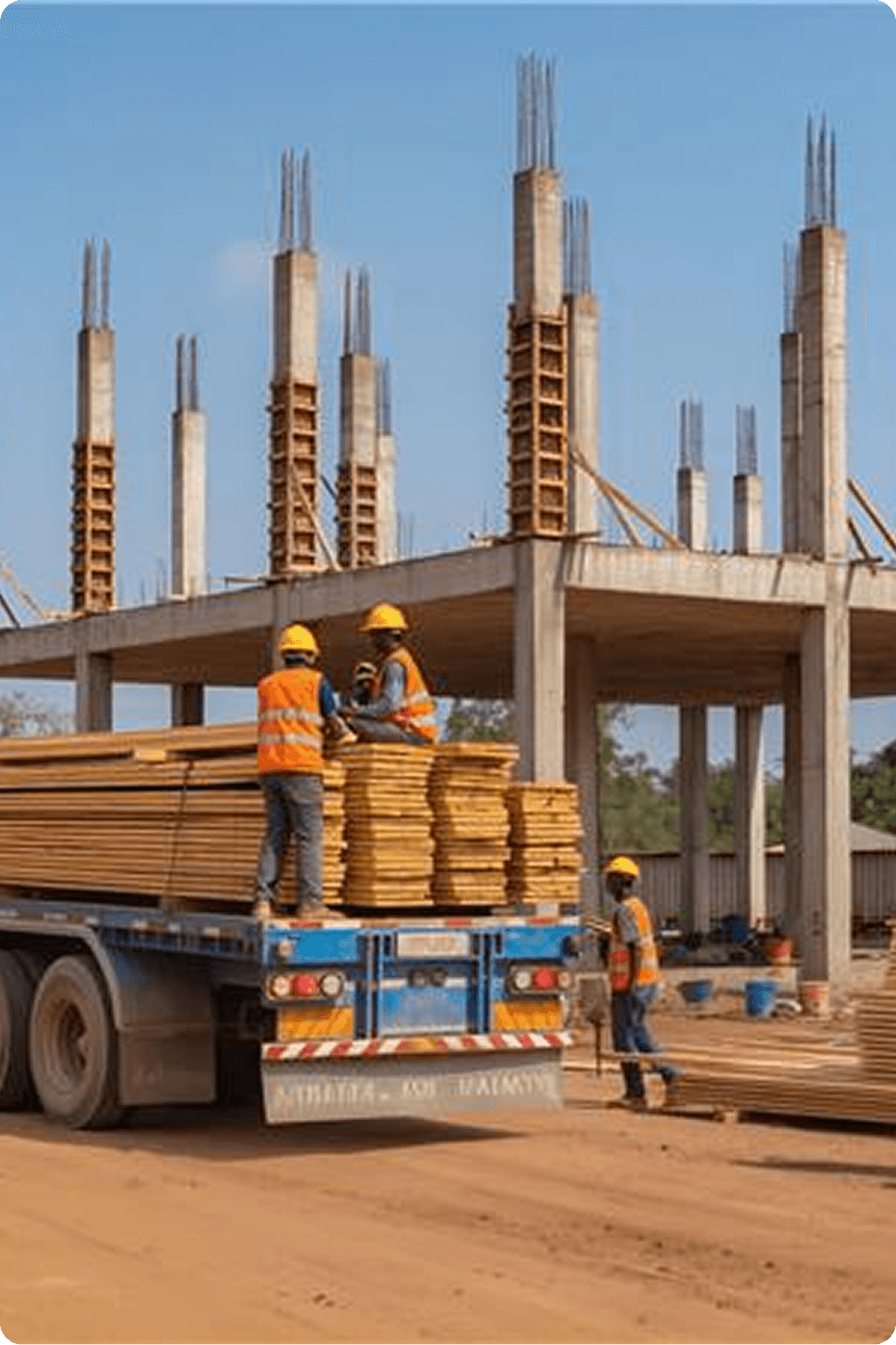 Construction workers with orange gloves working on rebar